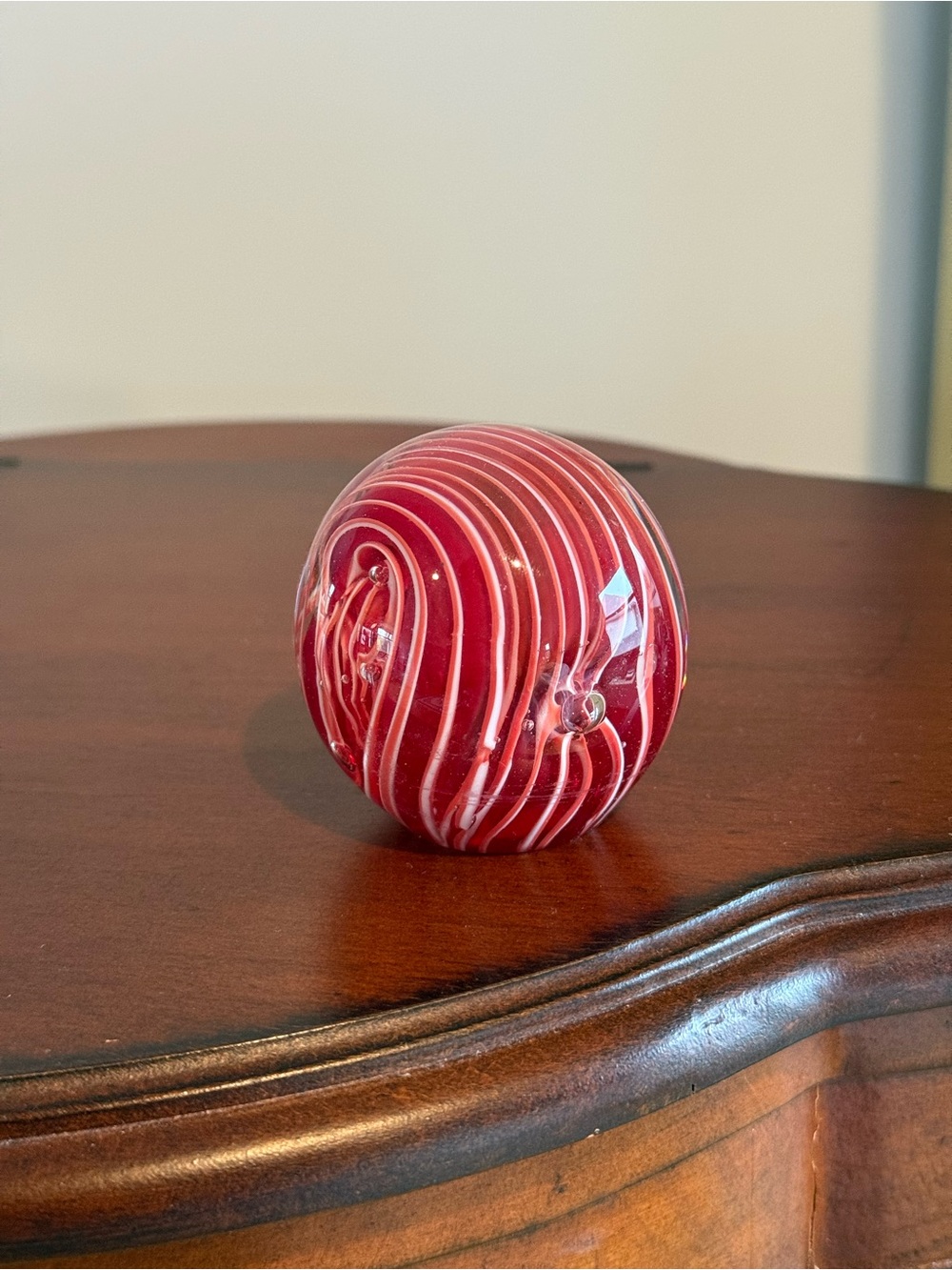 Dynasty Gallery Paperweight Heirloom Collectibles Red & White Swirl Blown Glass